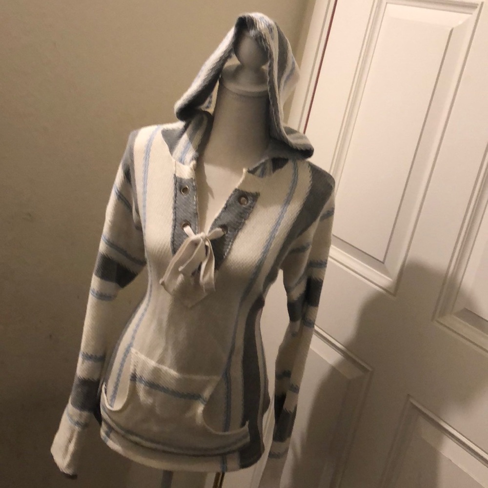 White, light blue, and grey sweater poncho